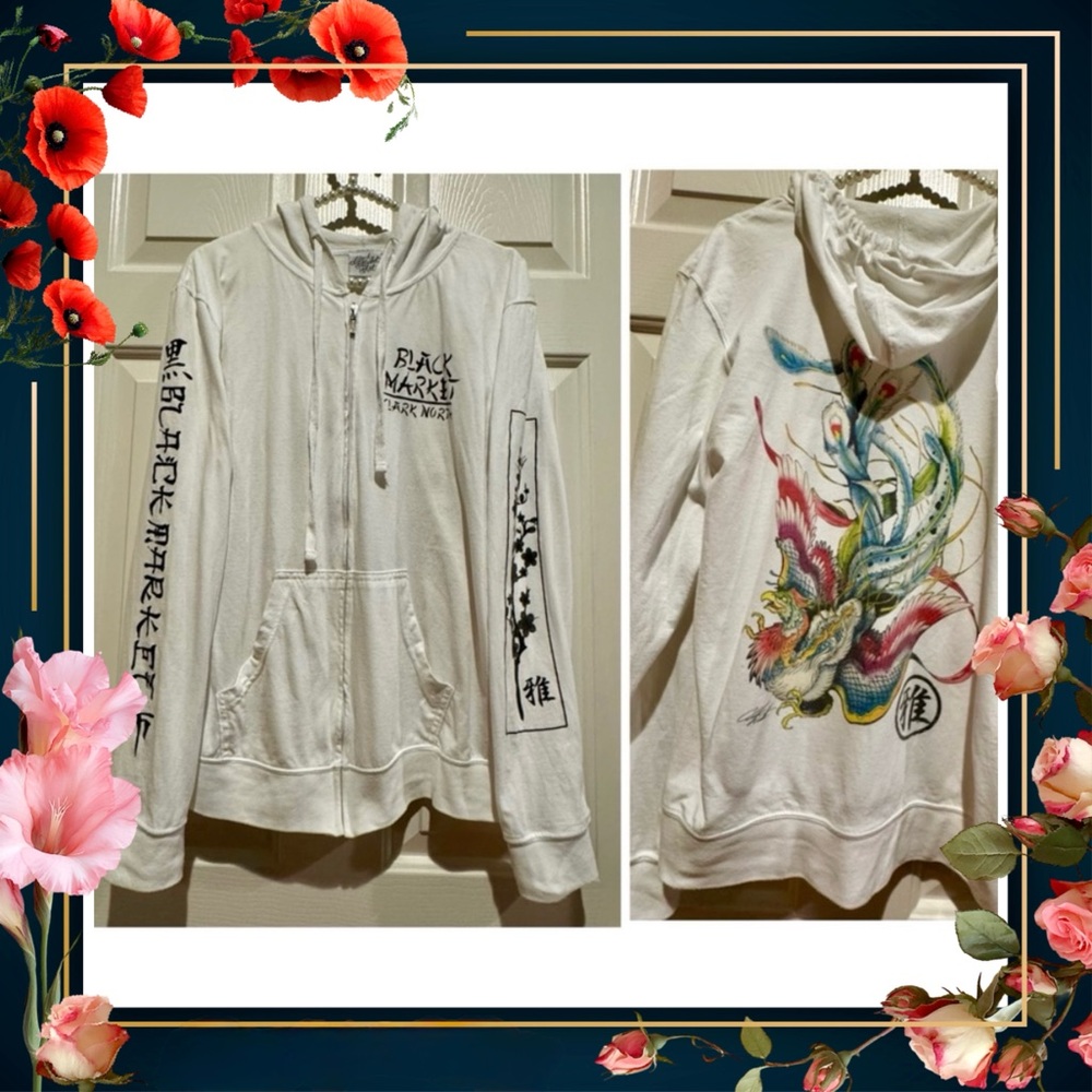 Hoodie Jacket - Black Market - unisex large - colorful bird - FREE w/ purchase!